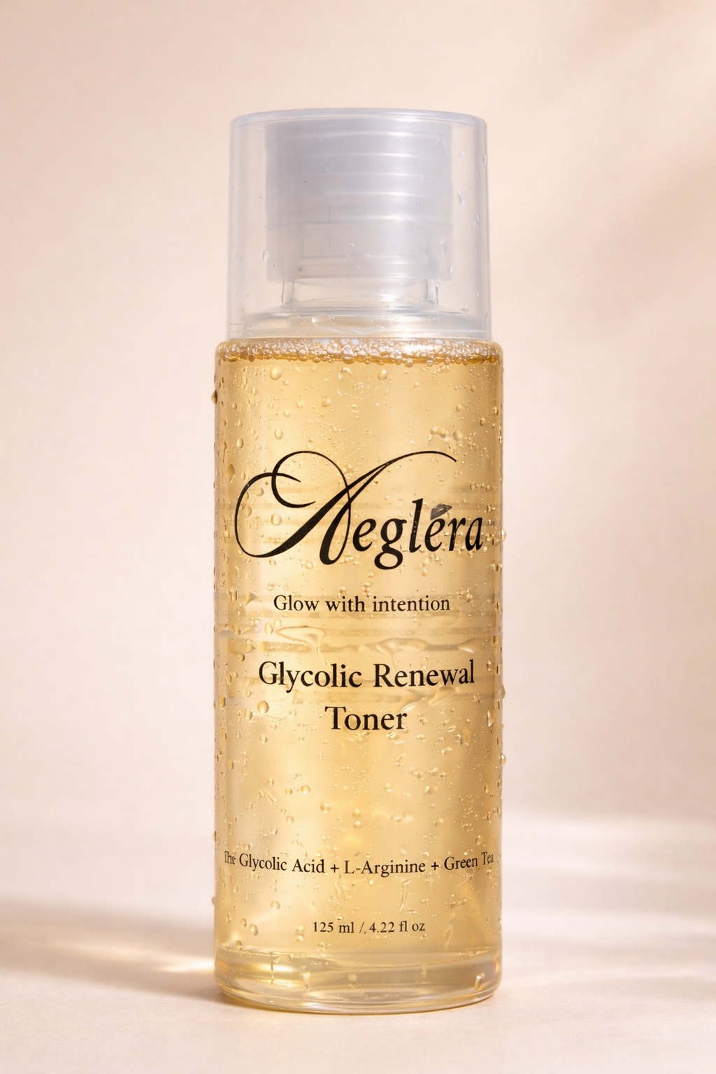 glycolic acid toner bottle, minimal skincare packaging, clean white background, professional product photography